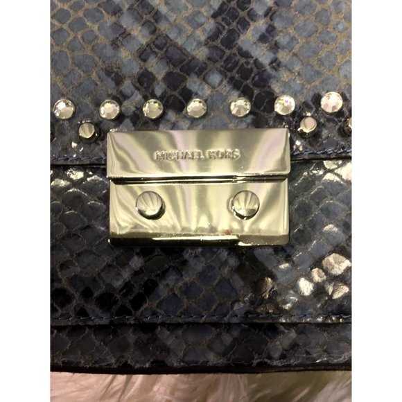 Michael Kors Aquamarine Python Embossed Leather Sloan Studded Shoulder Bag - Picture 10 of 11